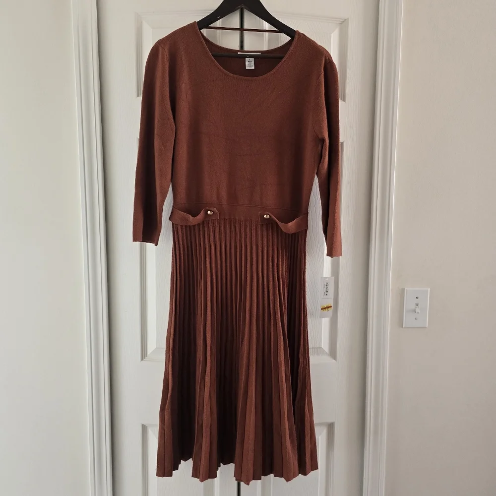 Nwt London Times Ribbed Pleated Belted Sweater Dress Size L Large